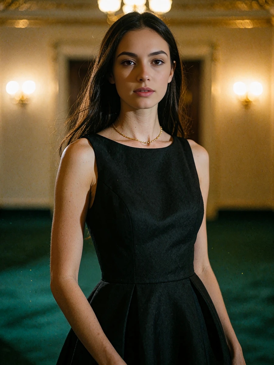 Woman with long dark hair in a sleeveless black evening gown standing in a warmly lit theatre foyer, demo Atlanta member portrait
