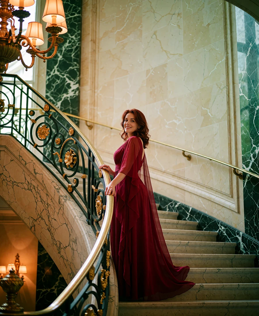 Woman in a ruby-red gown on a curved marble hotel staircase, illustrative sugar baby dating profile portrait