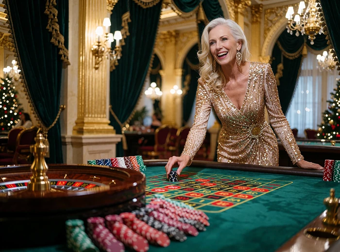 Woman in a champagne-gold sequinned gown placing a chip at a roulette table in a grand casino ballroom