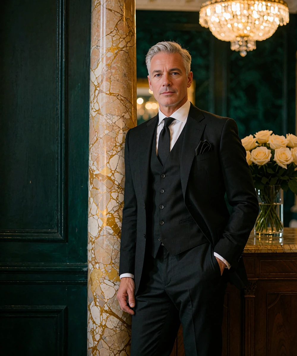 Man in a tailored black three-piece suit standing beside a marble column in a members club salon