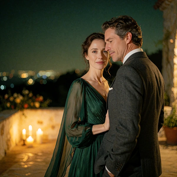 Elegant woman in an emerald gown standing close to a man on a private rooftop terrace at dusk