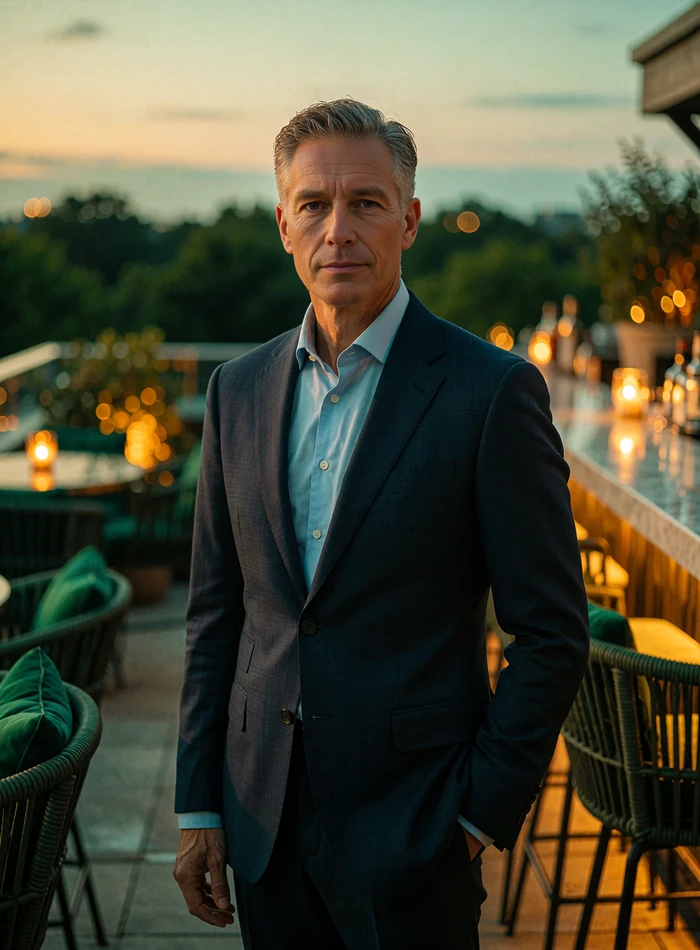 Distinguished man in a navy suit on an Atlanta rooftop bar terrace, demo benefactor profile