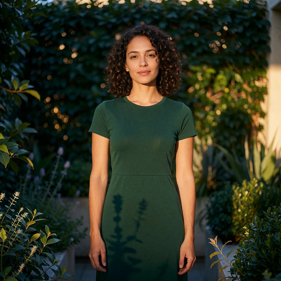 Woman in a forest-green midi dress on a hotel garden terrace at golden hour, illustrative sugar baby dating profile