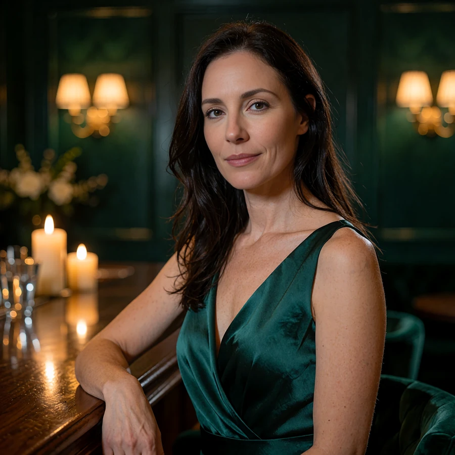 Woman in an emerald satin evening dress seated at a warmly lit hotel bar, a demo profile portrait on our sugar dating site