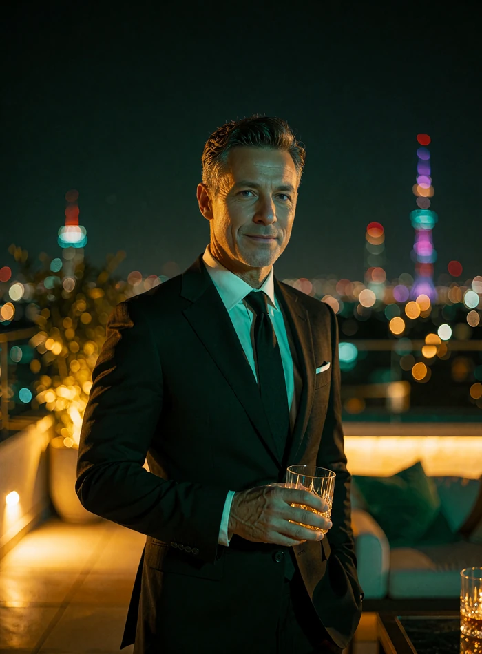 Man in black tie holding a crystal tumbler on a Dallas rooftop terrace at night, illustrative benefactor profile