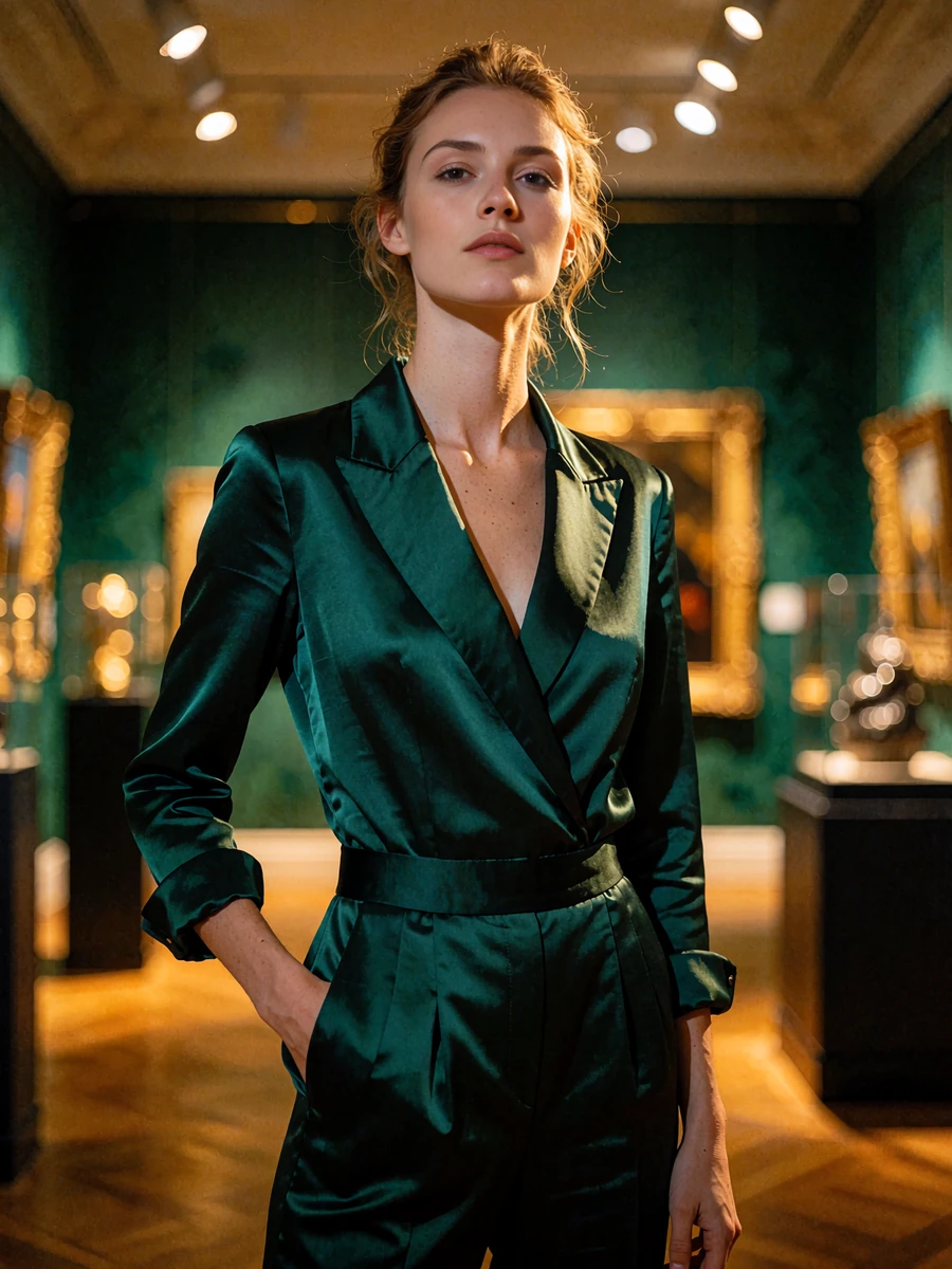 Tall woman in a tailored emerald satin jumpsuit standing in a softly lit gallery interior, illustrative Atlanta member profile photo