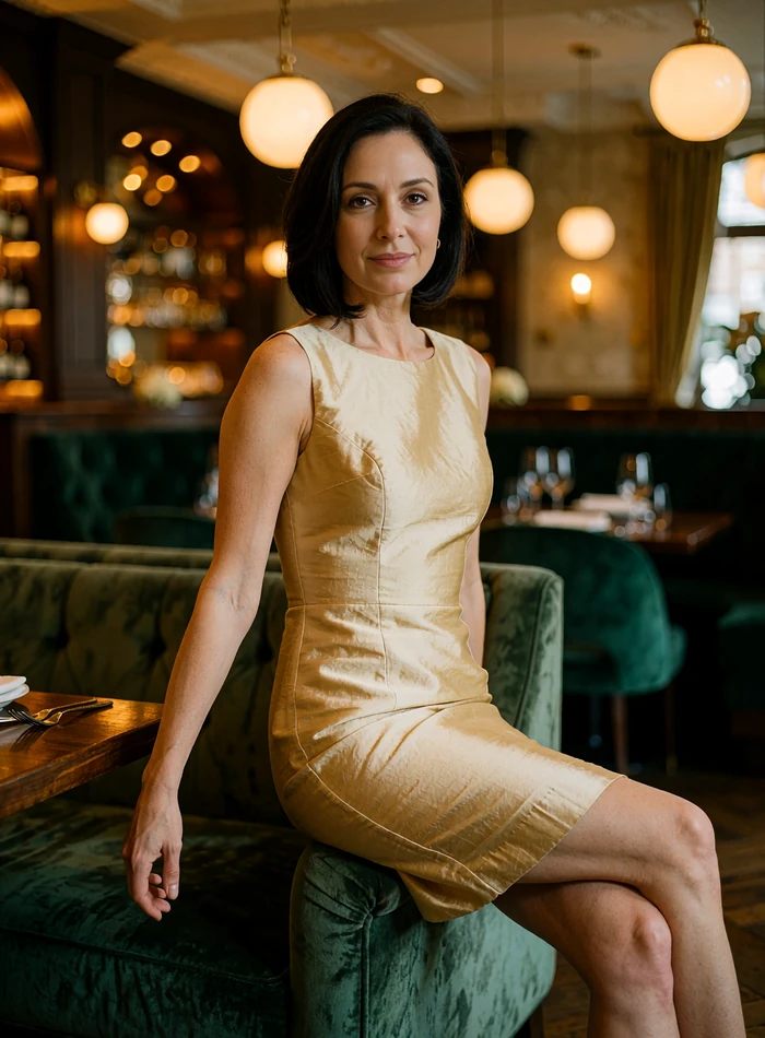 Woman in a champagne-gold cocktail dress seated in an upscale Orlando restaurant, demo profile photo