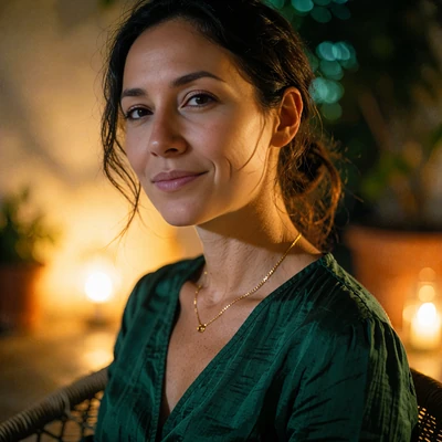 Head and shoulders portrait of a woman on a warm Orlando terrace, illustrative scenario avatar