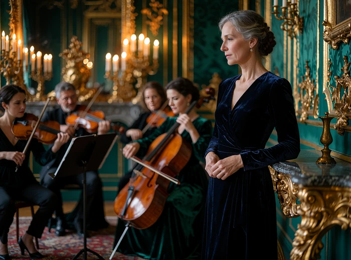 Woman in a navy velvet gown listening to a string quartet at a candlelit gala salon