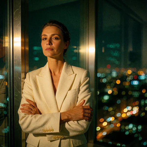 Self-assured woman in a tailored ivory blazer standing at a floor-to-ceiling penthouse window at night