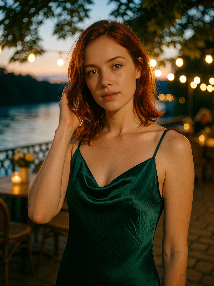 Woman with auburn hair in an emerald satin slip dress on a Riverwalk terrace at dusk, demo San Antonio profile