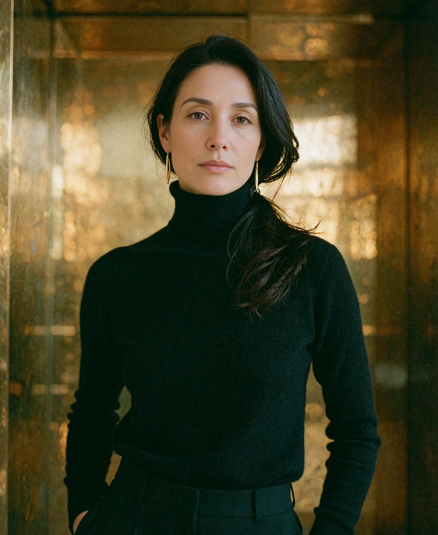 Woman with dark hair in a black cashmere turtleneck in a warm minimalist Denver interior, demo member portrait