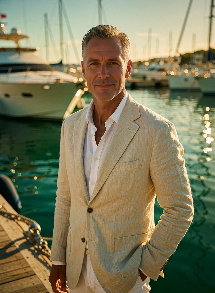 Tanned man in a linen blazer standing on a San Diego marina dock at golden hour, illustrative benefactor profile