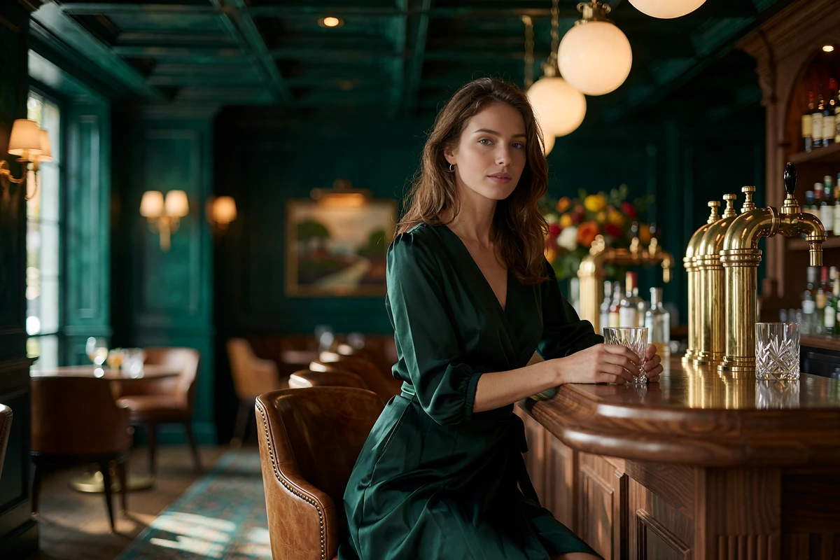 Woman in a dark green wrap dress seated at a walnut hotel bar in downtown Indianapolis