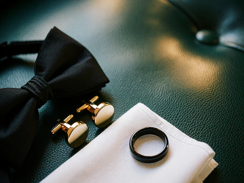 Silk bow tie, gold cufflinks and pocket square arranged on a dark green leather surface