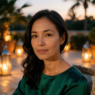 Portrait of a woman with dark hair on a lantern-lit patio, illustrative San Diego scenario avatar