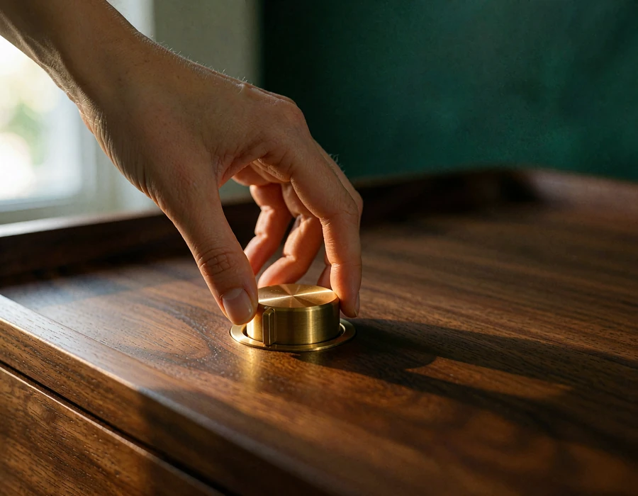 Close detail of a manicured hand with a slim gold ring turning a polished brass dial set into a dark walnut console