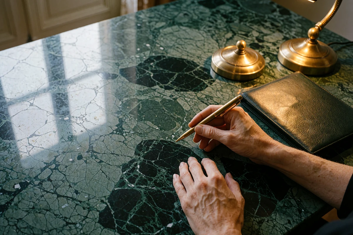 Close overhead view of manicured hands resting on a dark green marble desk beside a brass pen and leather portfolio