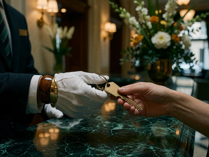 Hotel concierge handing a brass key fob across a marble counter to a woman's hand