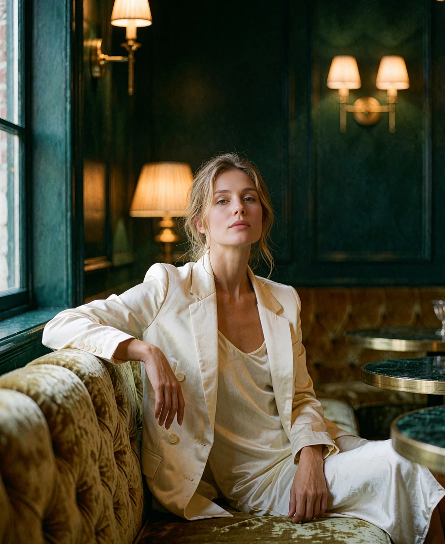 Woman in an ivory silk blazer seated on a velvet banquette in a hotel cocktail lounge, illustrative member portrait