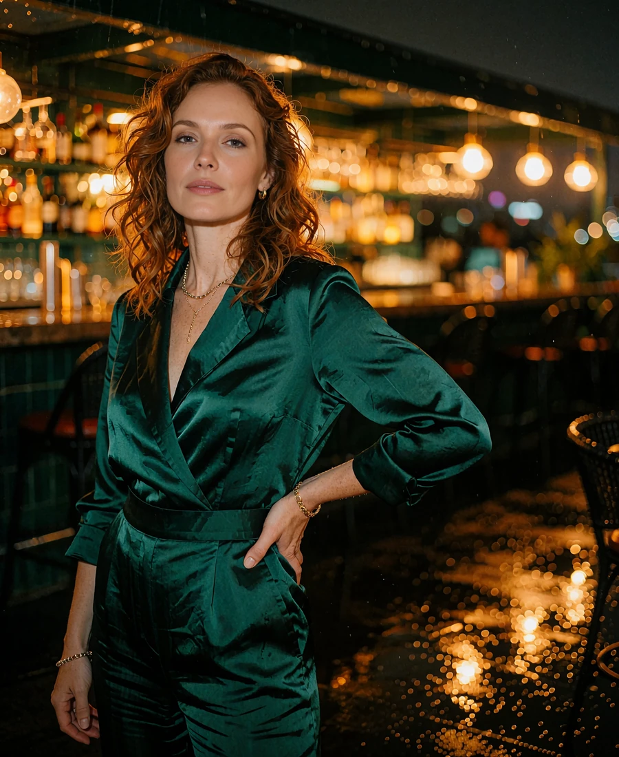 Woman in a tailored emerald satin jumpsuit on a dim rooftop bar at night, illustrative Seattle sugar baby profile