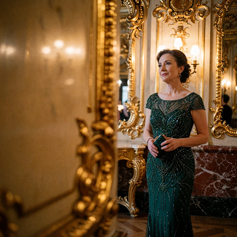 Elegant woman in a beaded emerald evening dress waiting in the gilded foyer of an opera house