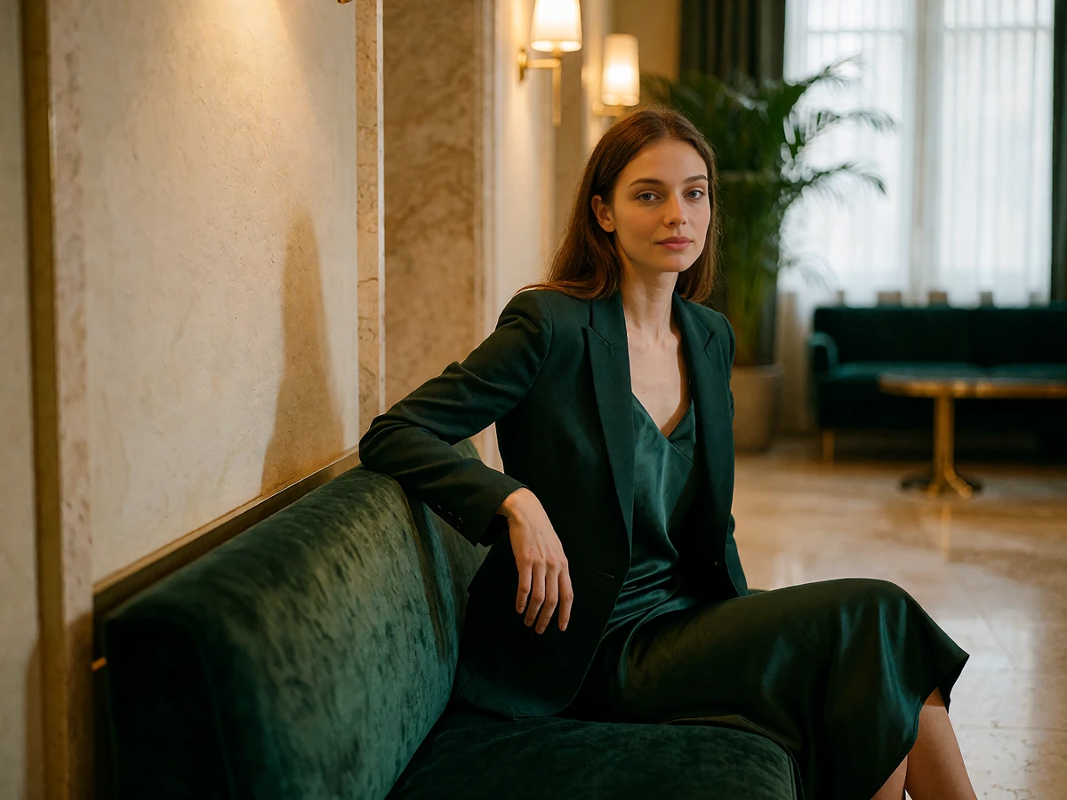 Poised woman in an emerald blazer seated in a quiet upscale hotel gallery lounge in Houston