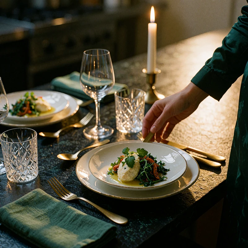 Close view of an intimate chef's table setting with plated courses and cut-crystal glassware