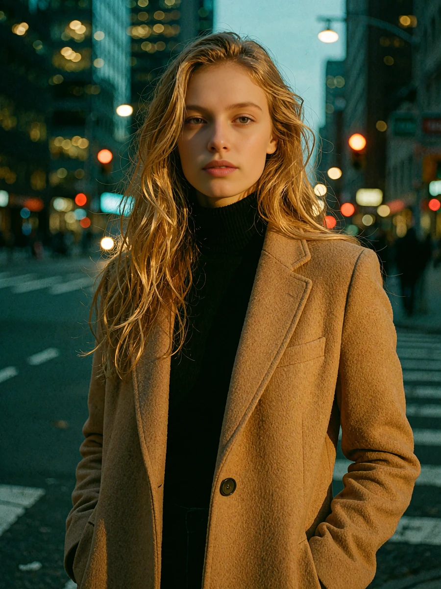 Woman with honey-blonde hair in a camel wool coat on a Denver downtown street at dusk, demo member portrait