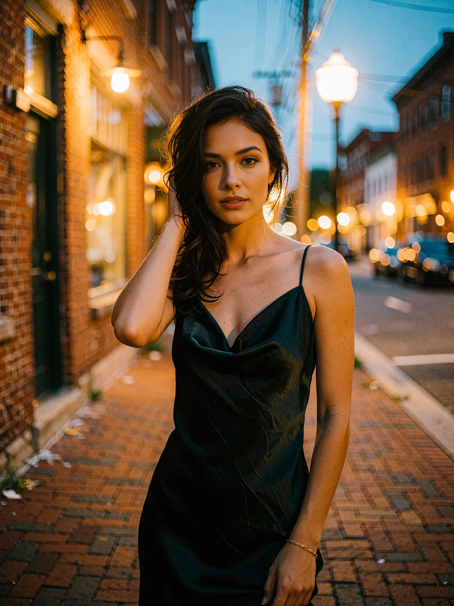 Woman in a black satin slip dress on a brick sidewalk in the Mass Ave arts district, demo member portrait