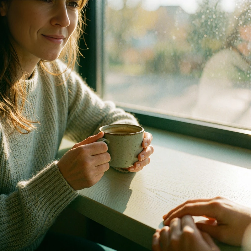 Woman in a soft knit sweater cradling a coffee cup at a window table beside a second pair of hands