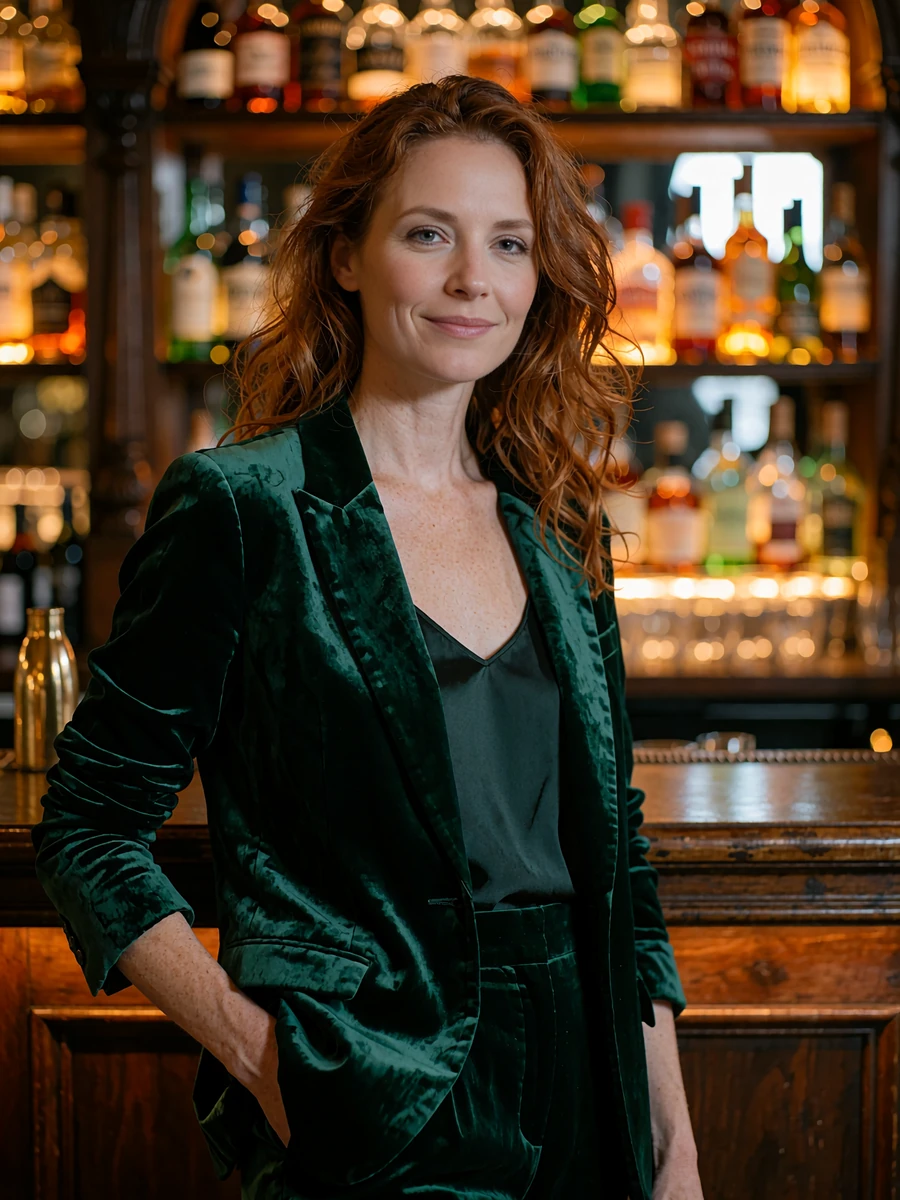 Auburn-haired woman in a deep green velvet blazer standing in a softly lit New York cocktail bar, demo member profile