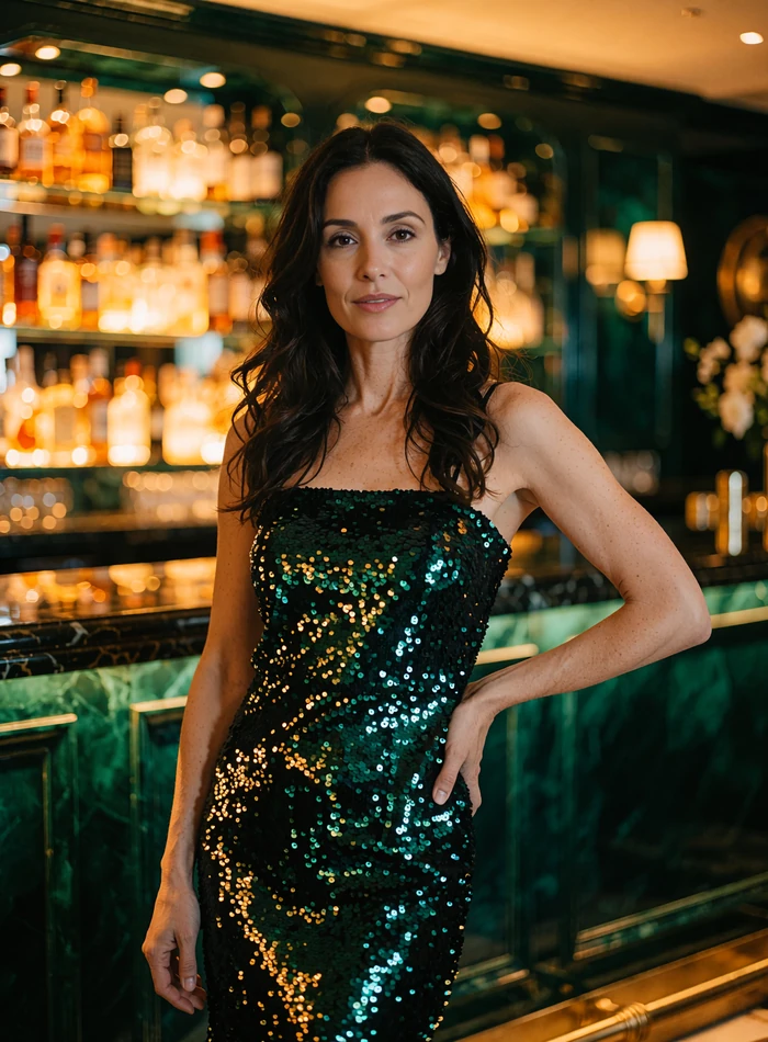Woman in an emerald sequin evening dress in an Orlando hotel bar, demo member profile portrait