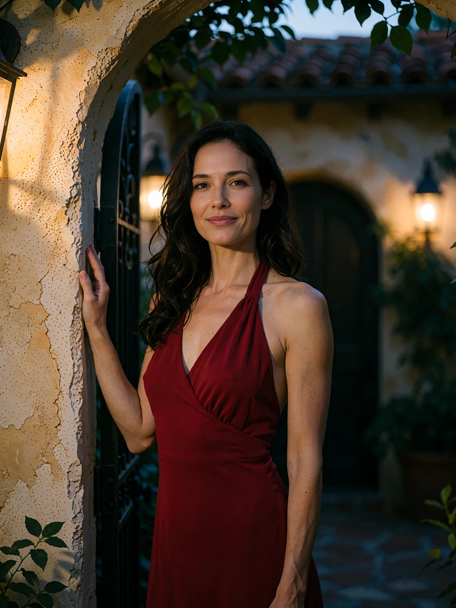 Woman with long dark wavy hair in a deep red halter dress beside an arched stucco doorway at dusk, demo San Antonio member portrait