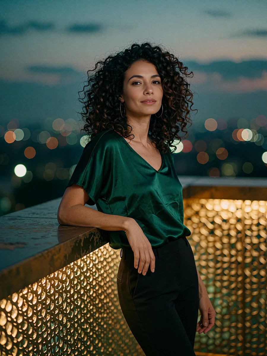 Woman with voluminous dark curls in an emerald satin top at a rooftop bar railing at blue hour, demo San Antonio member portrait