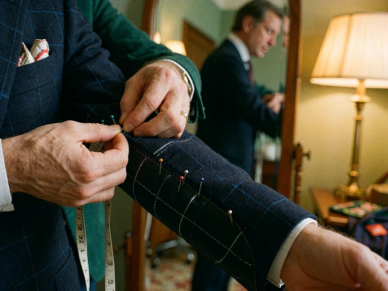 Close view of a tailor's hands pinning the sleeve of a dark navy jacket during a fitting
