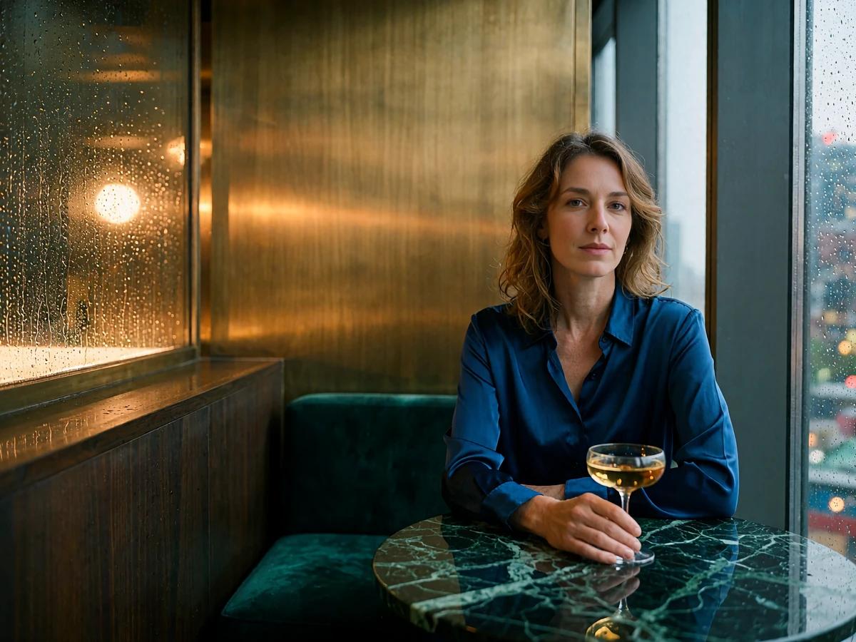 Woman in an ink-blue silk blouse seated at a marble table beside a rain-streaked window in a Seattle high-rise lounge