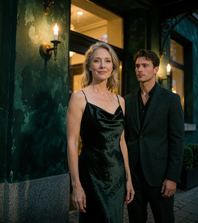 Woman in a black satin gown at a hotel forecourt at night with a younger man in a dark suit behind her, toy boy dating category