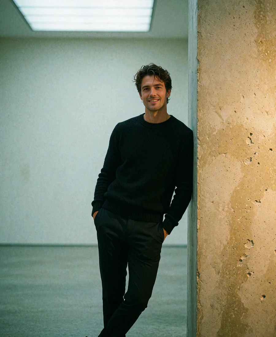 Man in his late twenties leaning against a column in a modern art gallery, demo toy boy profile portrait