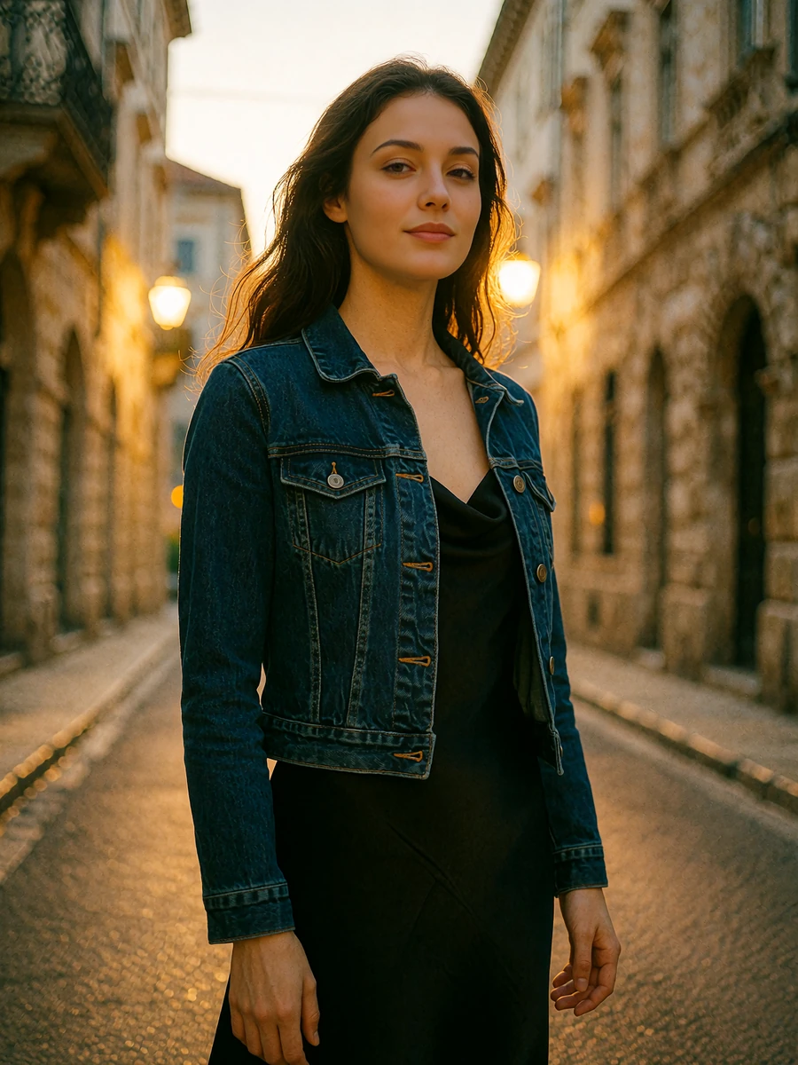 Woman with long dark hair in a tailored denim jacket on a historic San Antonio evening street, illustrative photo