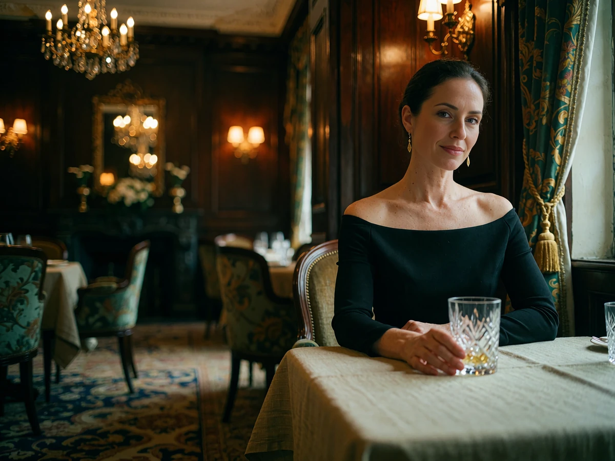 Woman in a black off-shoulder dress seated at a linen-covered table in a private Houston club dining room