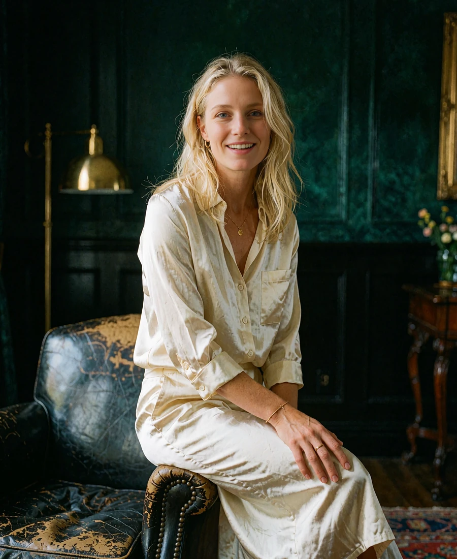 Blonde woman in an ivory silk blouse seated in a private members' room in Nashville, demo member profile photo