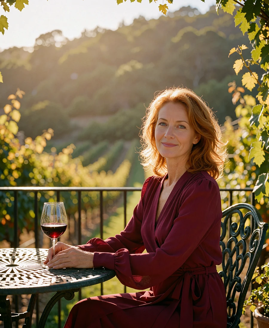 Woman with copper-toned hair at a vineyard terrace table with a glass of red wine, demo profile portrait