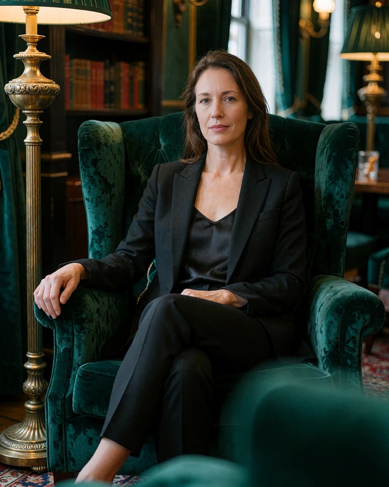 Self-possessed woman in a black tailored blazer seated in a deep emerald velvet armchair, meeting the camera with a level gaze