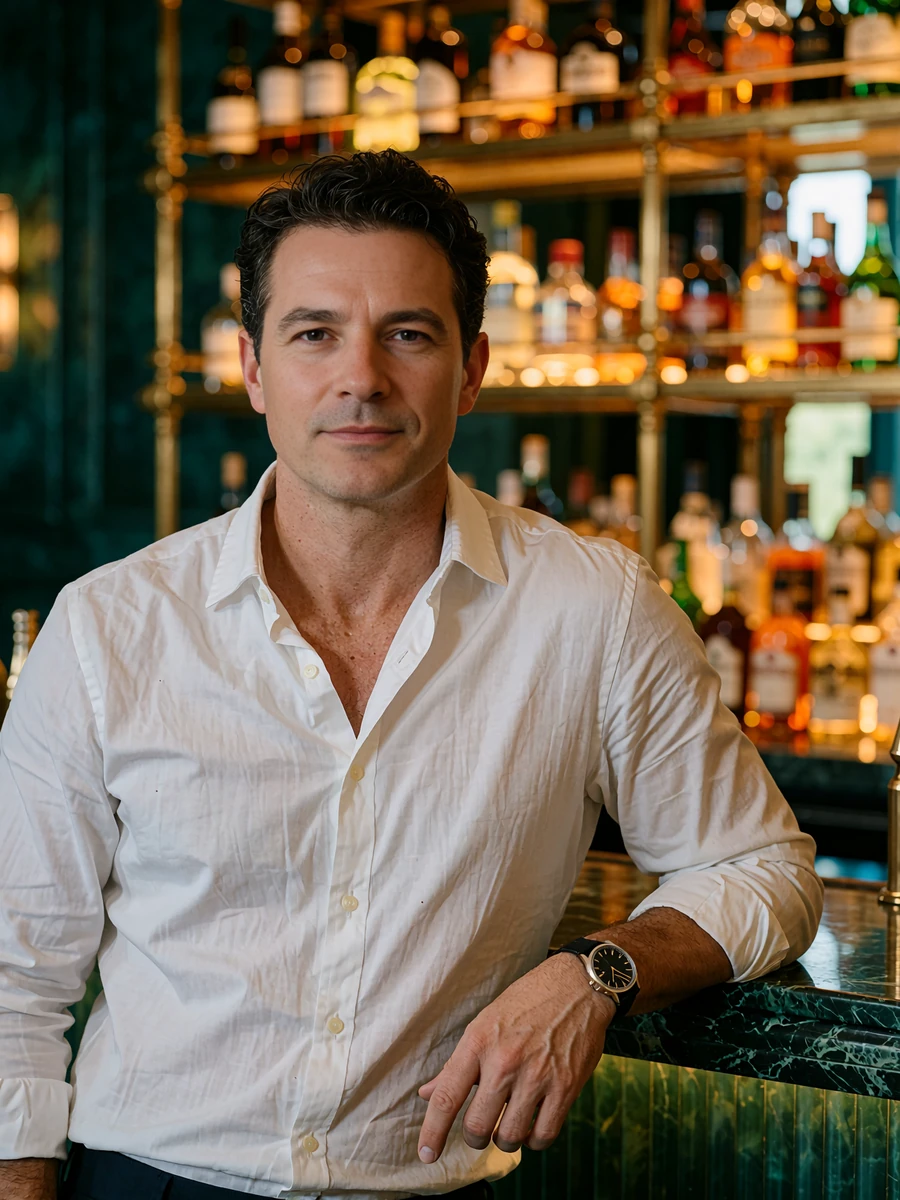 Man with dark hair in a white open-collar shirt leaning against a marble bar counter in Houston, demo member portrait