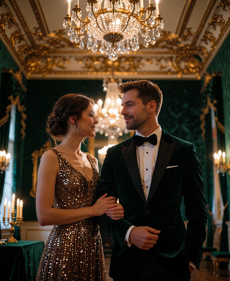 Couple in formal evening wear standing together under a chandelier at a charity ballroom event