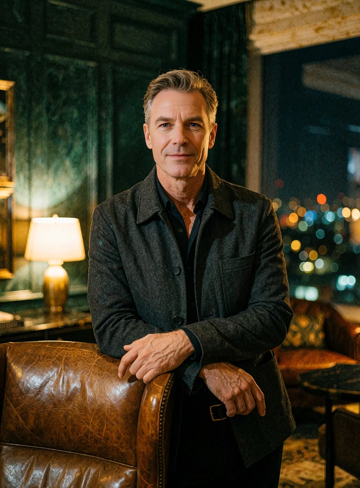 Confident man in a charcoal jacket in a penthouse lounge, demo Atlanta benefactor profile
