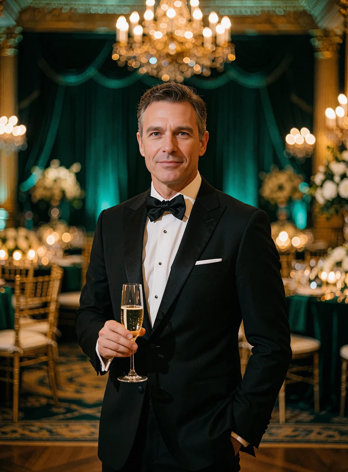 Man in a black tuxedo at a formal ballroom reception, demo Atlanta benefactor profile