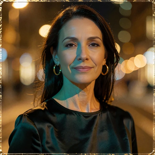 Close portrait of a woman in her forties with dark hair and gold hoop earrings, illustrative Brickell member avatar