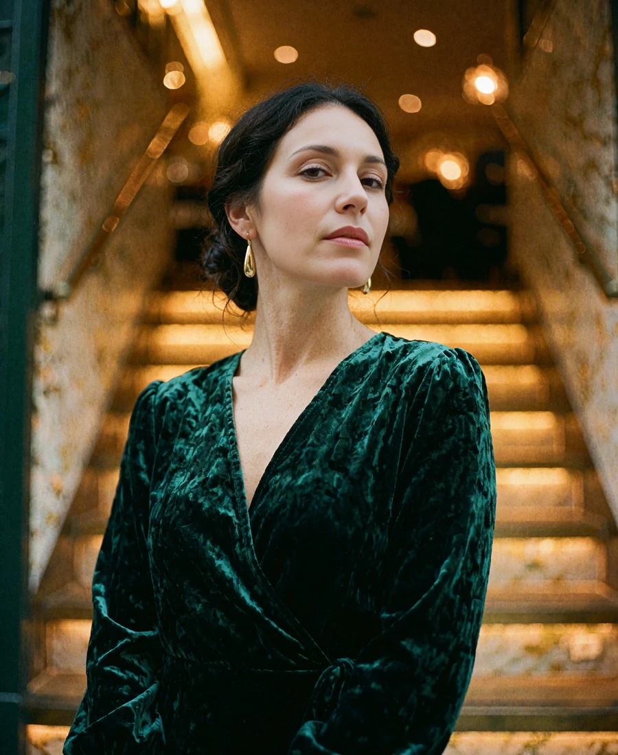 Woman in a deep emerald velvet dress on a warm-lit restaurant stairwell in Nashville, illustrative sugar baby profile